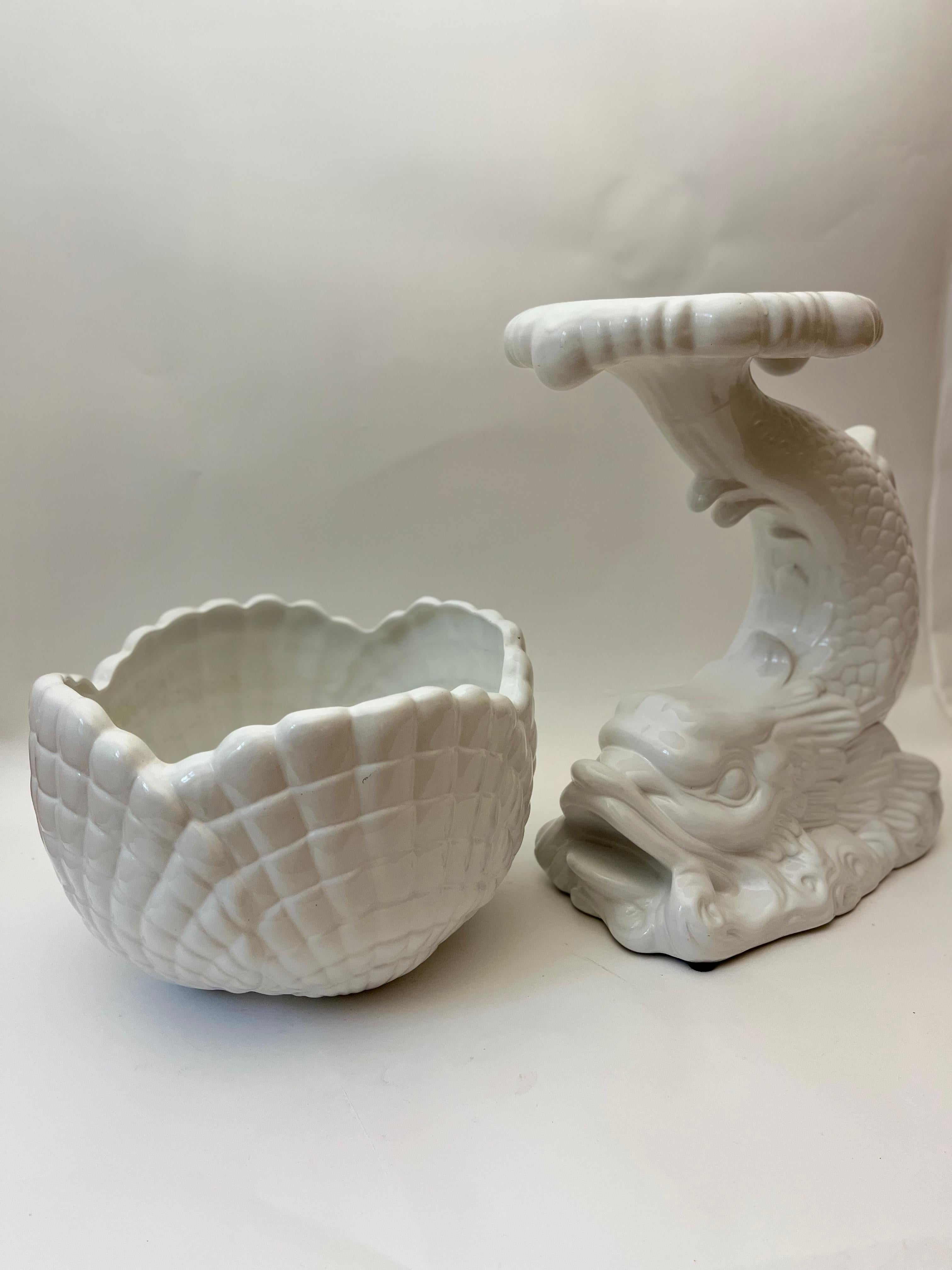 Big and crazy porcelain plant stand in the shape of a dragonish fish For Sale 5