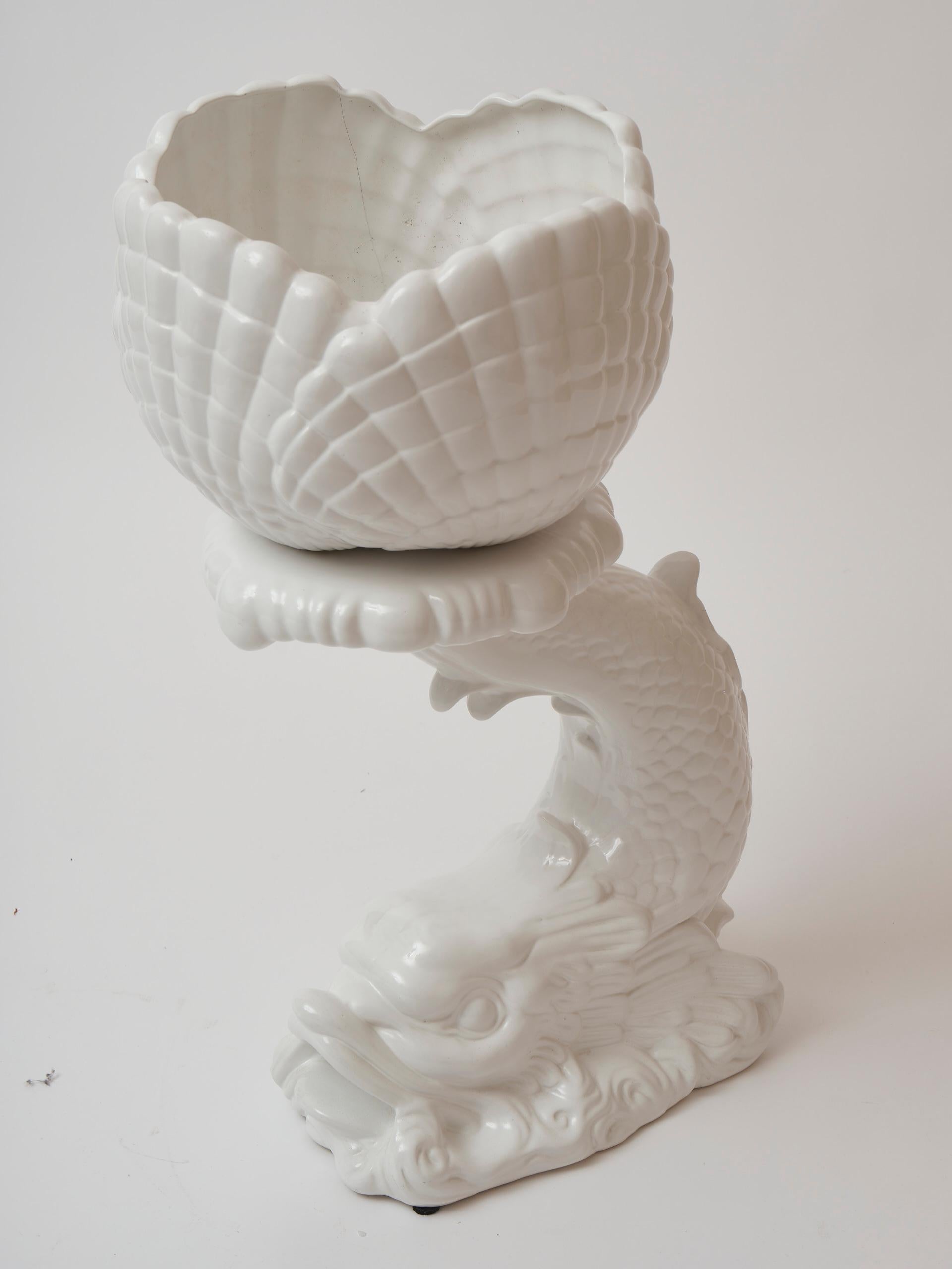 European Big and crazy porcelain plant stand in the shape of a dragonish fish For Sale