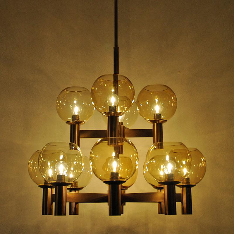 Brushed Big and beautiful Vintage Ceiling Lamp of brass and glass 1960`s - Scandinavia