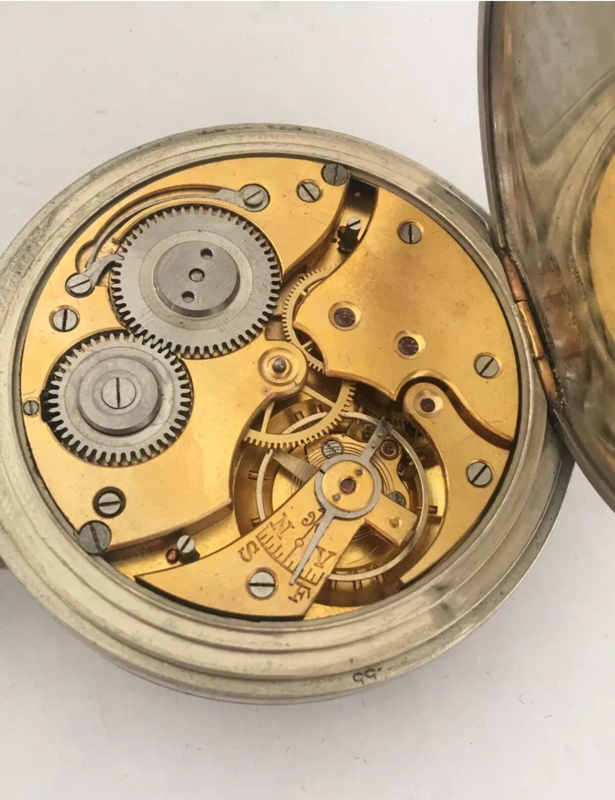 Big Antique Golliath Pocket Watch For Restoration. 

Condition:

This watch is working and ticking well. There some visible chipped and cracks on the watch dial. It need minute and secondary hands and the glass came off