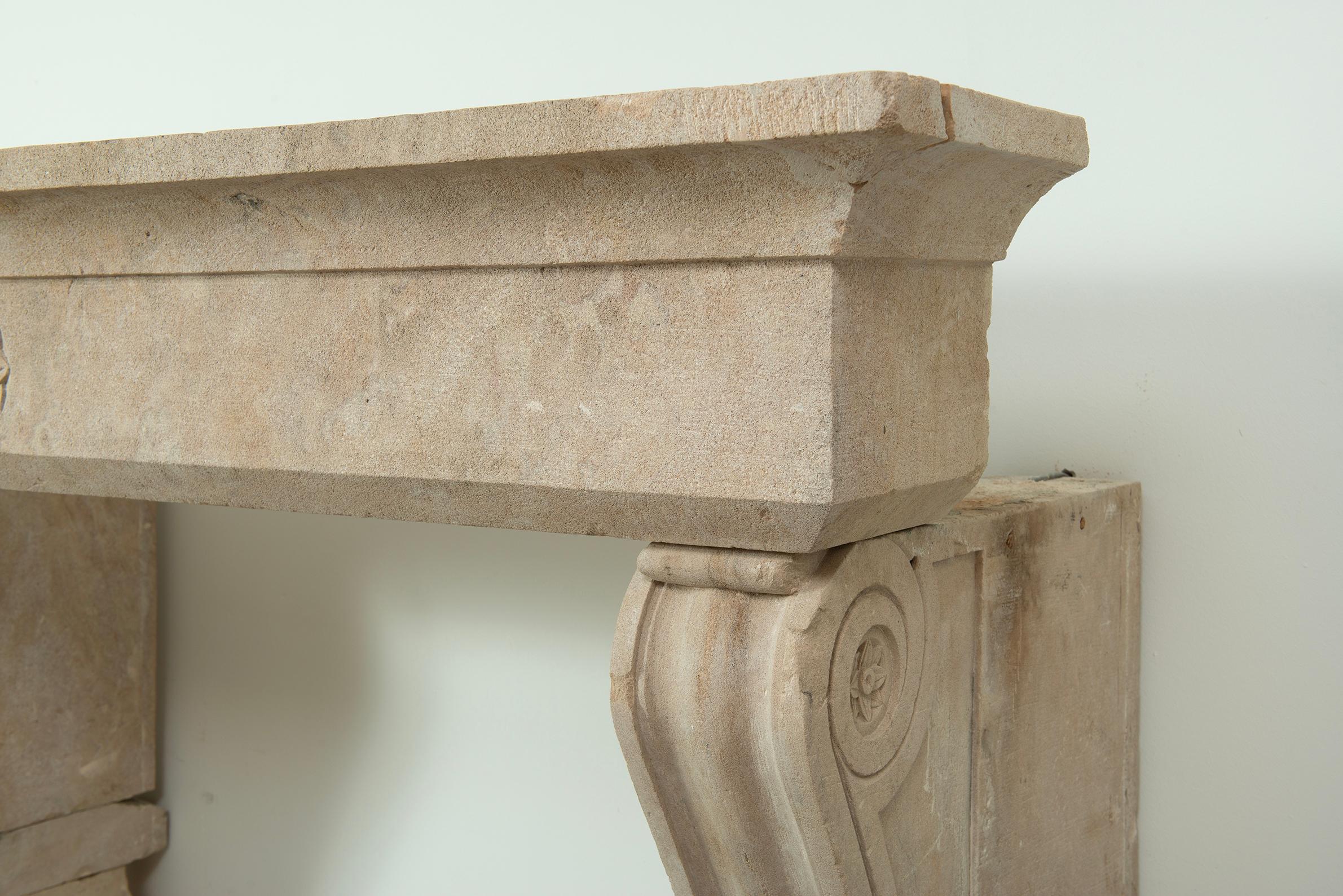 French Big Antique Limestone Fireplace Mantel For Sale