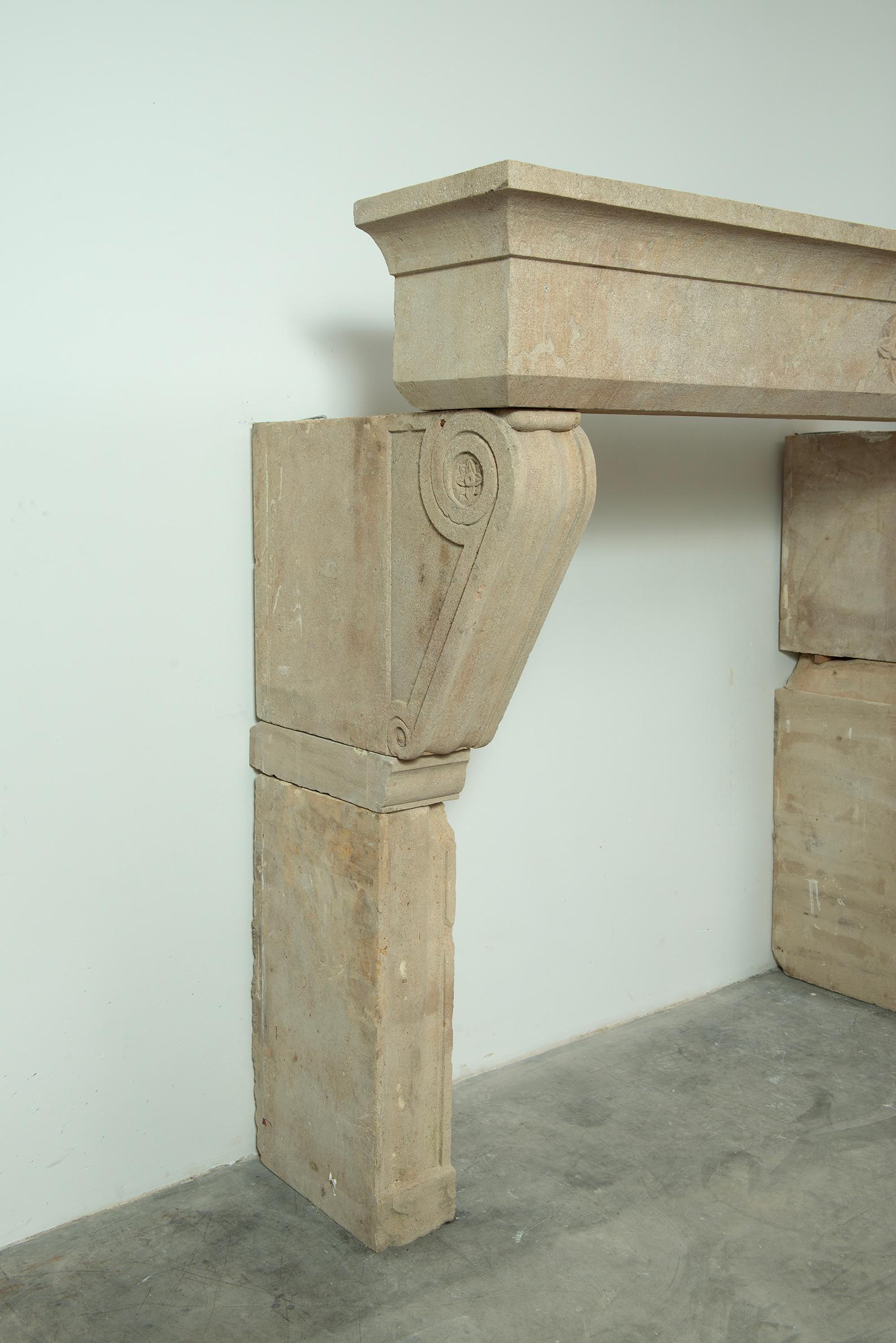 Stone Big Antique Limestone Fireplace Mantel For Sale