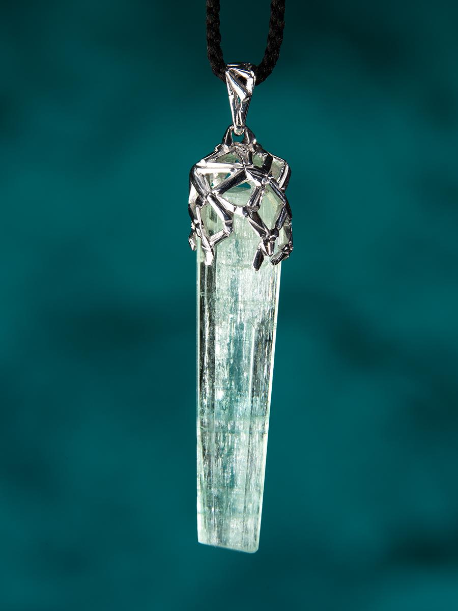 Big Aquamarine Crystal Silver Pendant Raw Uncut Blue Beryl Magic Necklace Unisex For Sale 4