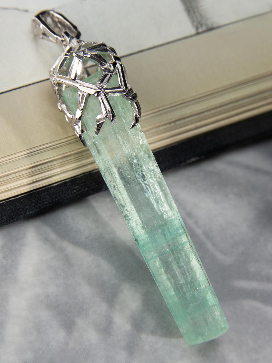Big Aquamarine Crystal Silver Pendant Raw Uncut Blue Beryl Magic Necklace Unisex For Sale 2