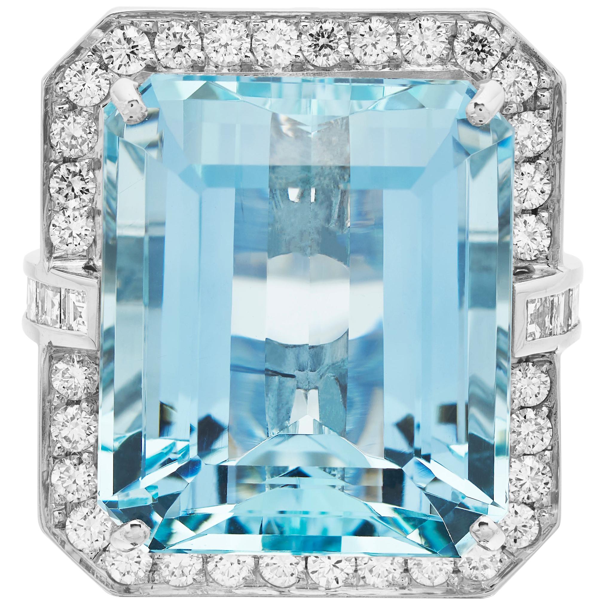 Big Aquamarine 'Emerald Cut' and Diamond Ring in British Hallmarked 18k Gold