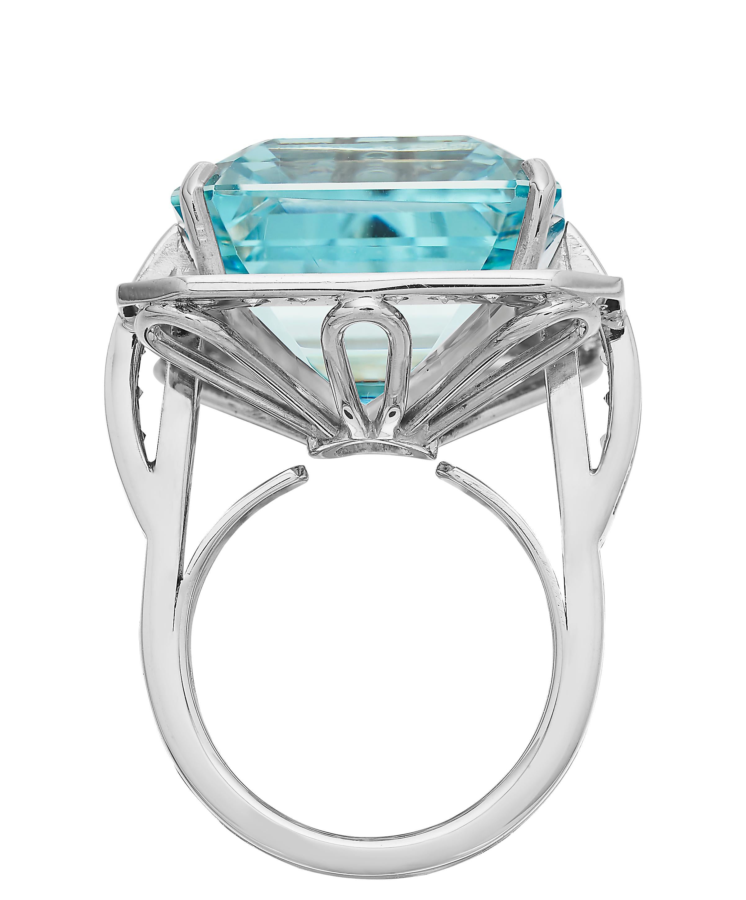 Modern Big Aquamarine 'Emerald Cut' and Diamond Ring in British Hallmarked 18k Gold