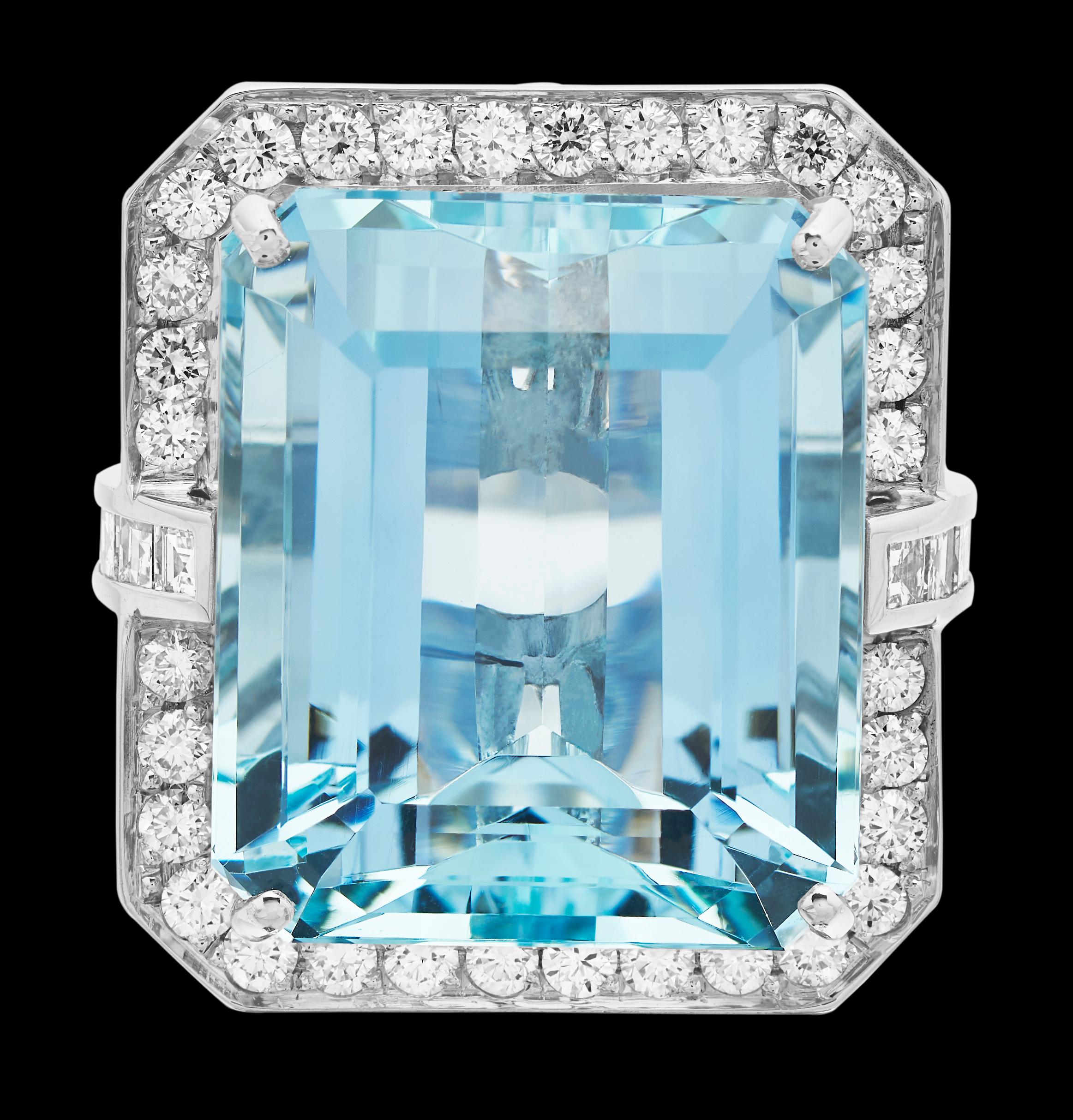 Women's Big Aquamarine 'Emerald Cut' and Diamond Ring in British Hallmarked 18k Gold