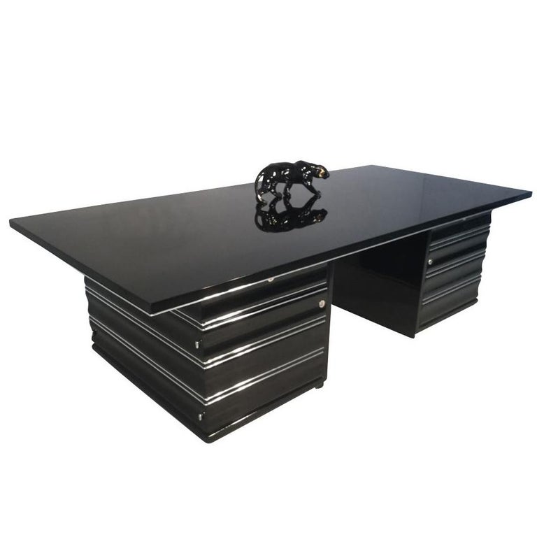 Big Art Deco Desk Black Lacquer And Chrome France Circa 1930