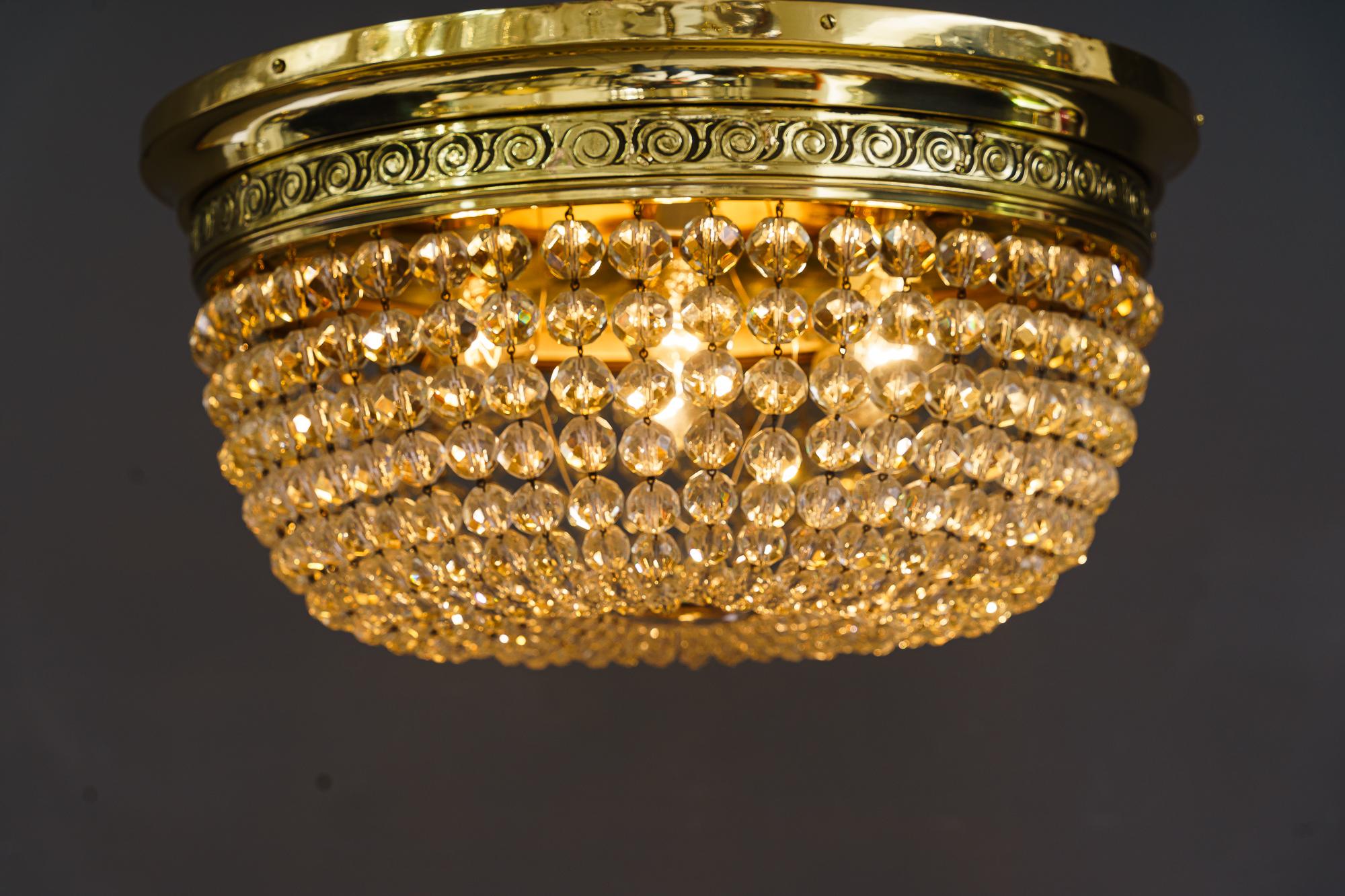 Brass Big Art Deco ceiling lamp vienna 1920s with cut glass balls For Sale