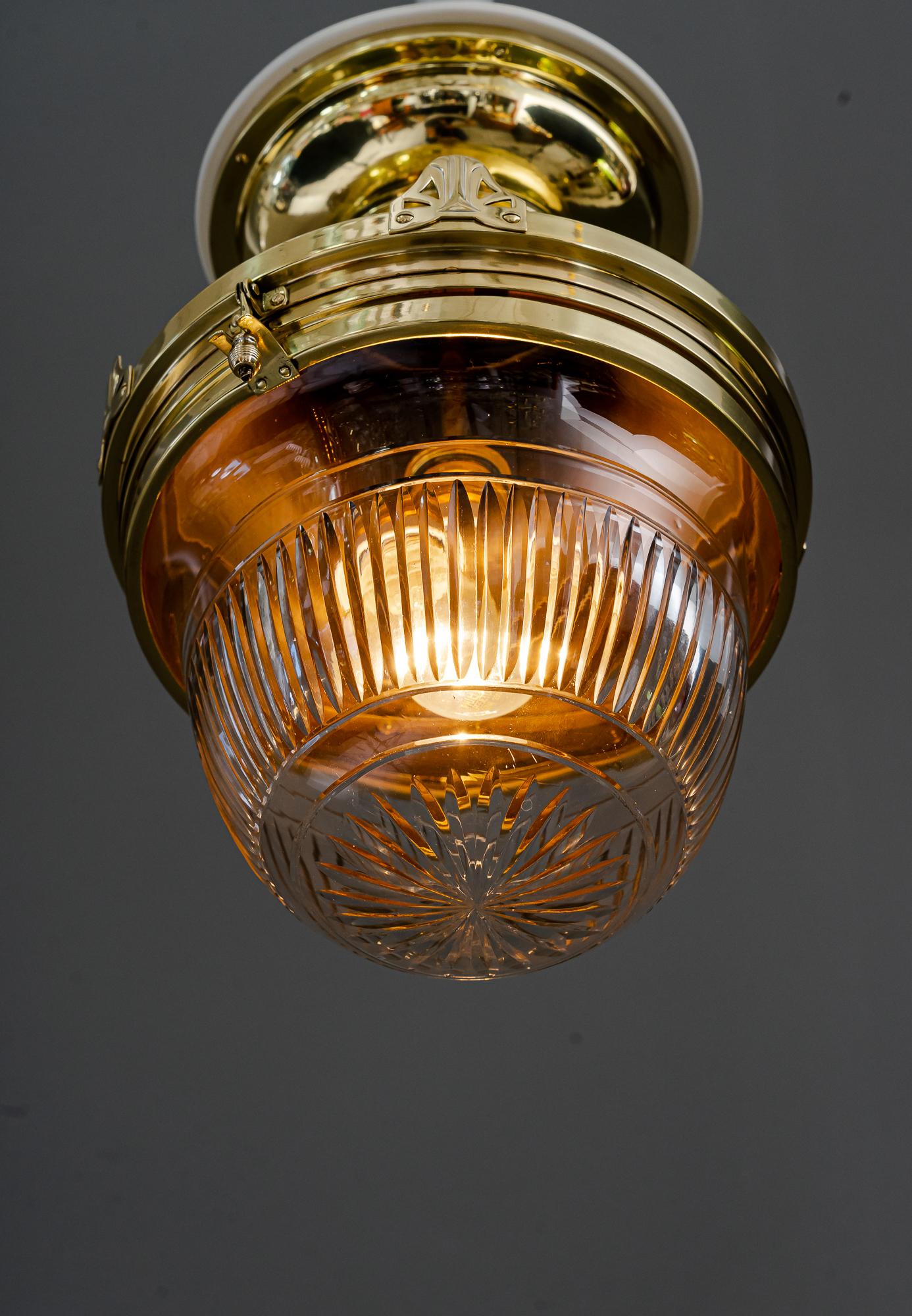 Big Art Deco Ceiling Lamp with Cut Glass Vienna Around 1920s For Sale 5
