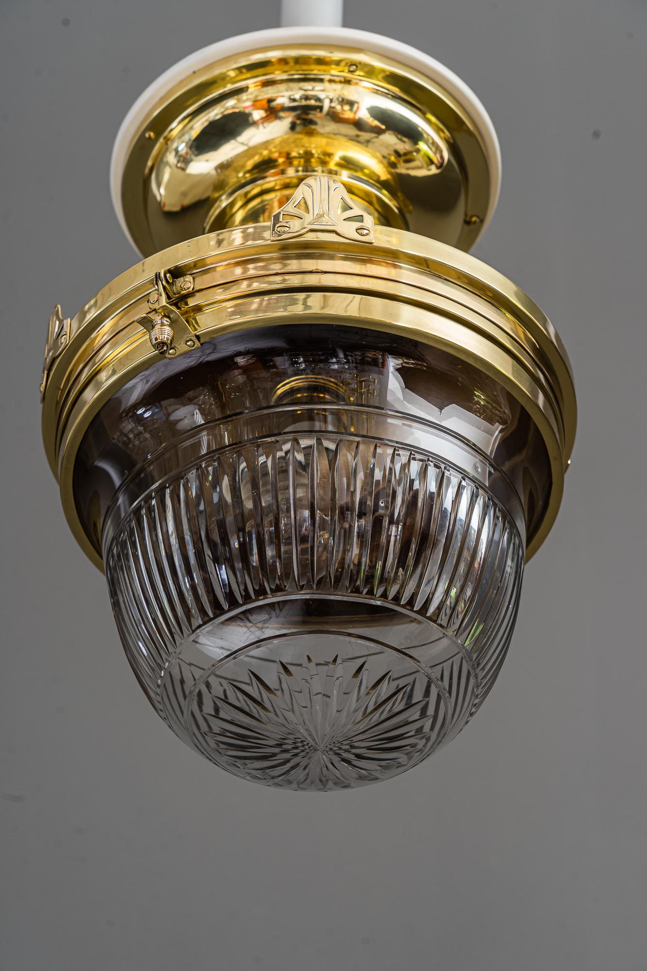 Lacquered Big Art Deco Ceiling Lamp with Cut Glass Vienna Around 1920s For Sale