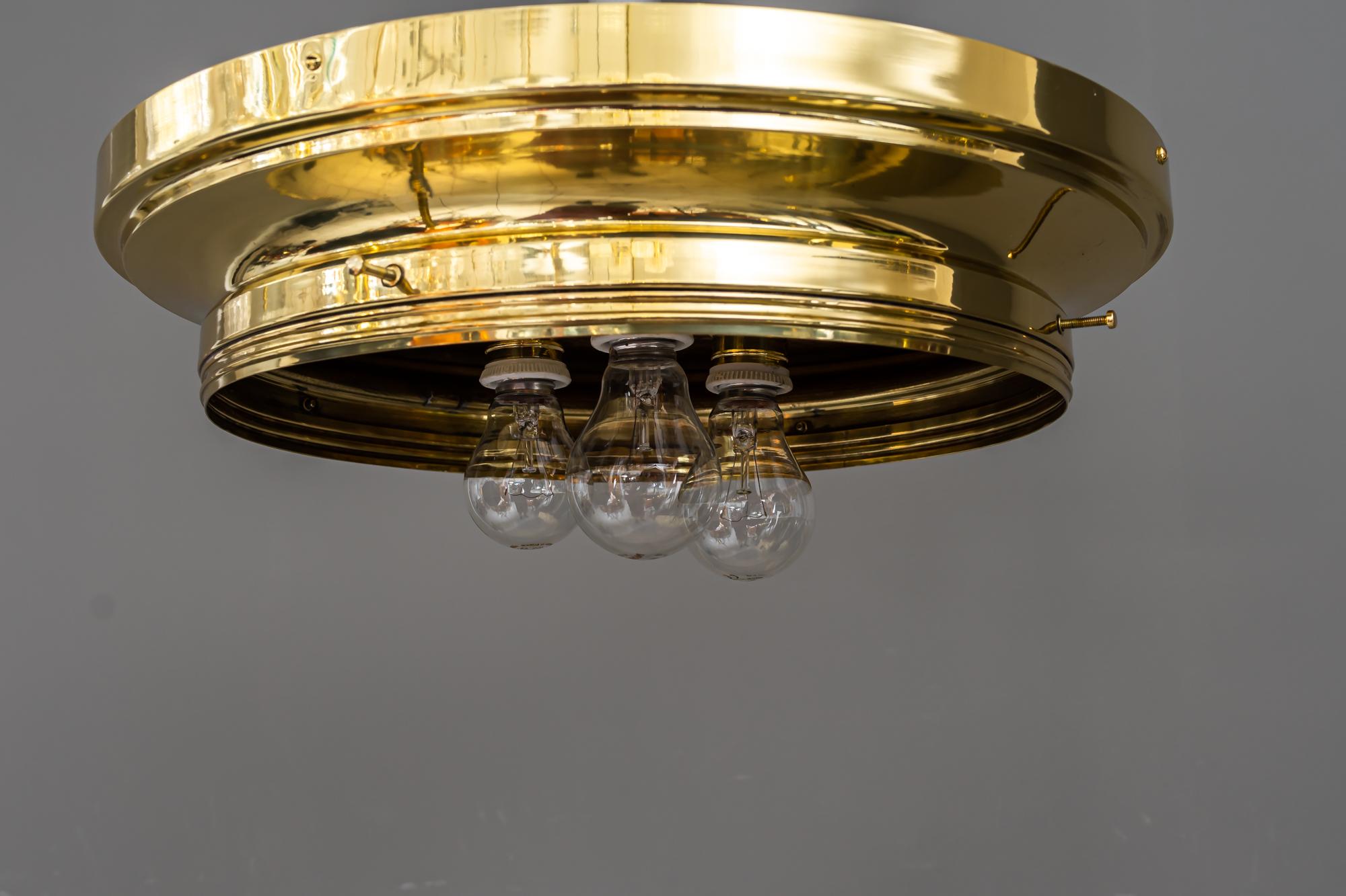 Brass Big Art Deco Ceiling Lamp with Original Cut Glass Around 1920s For Sale