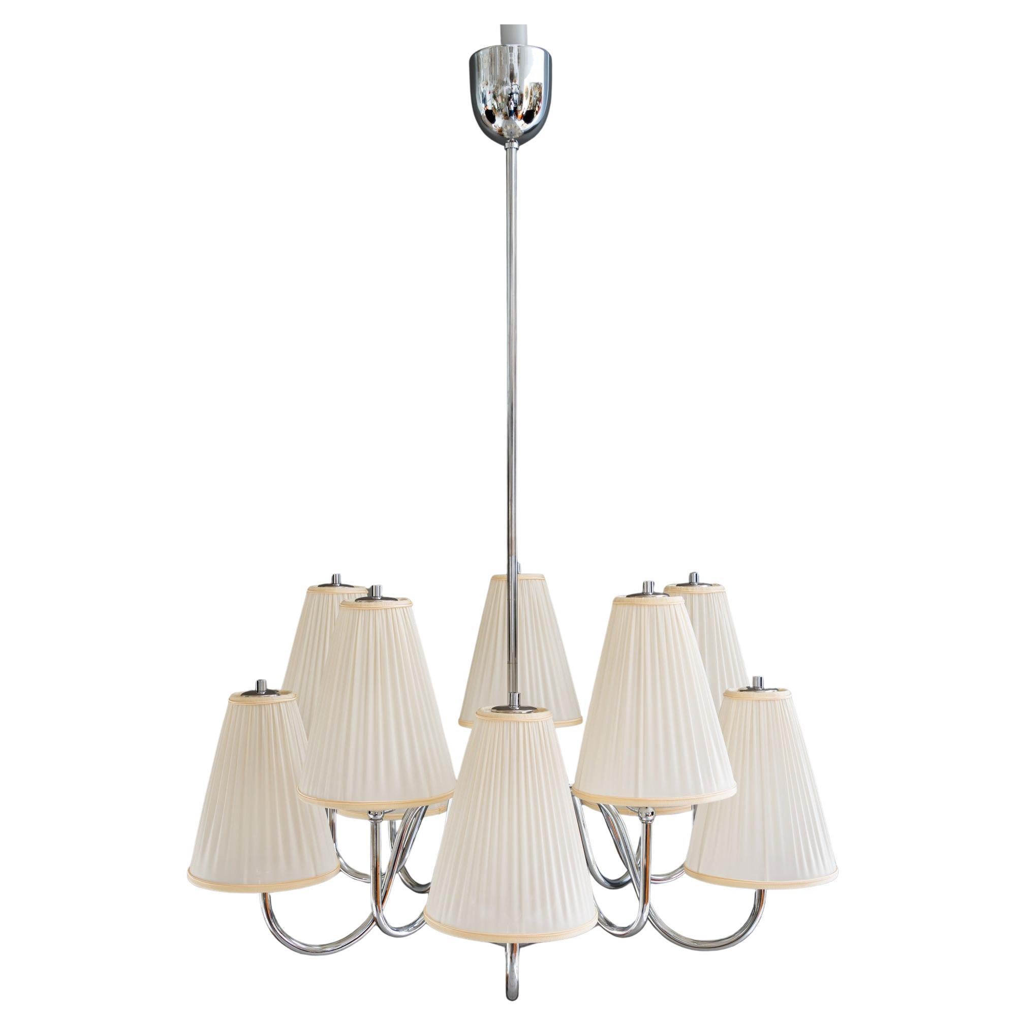 Grande lampadario Art Deco cromato con paralumi in tessuto del 1920 circa