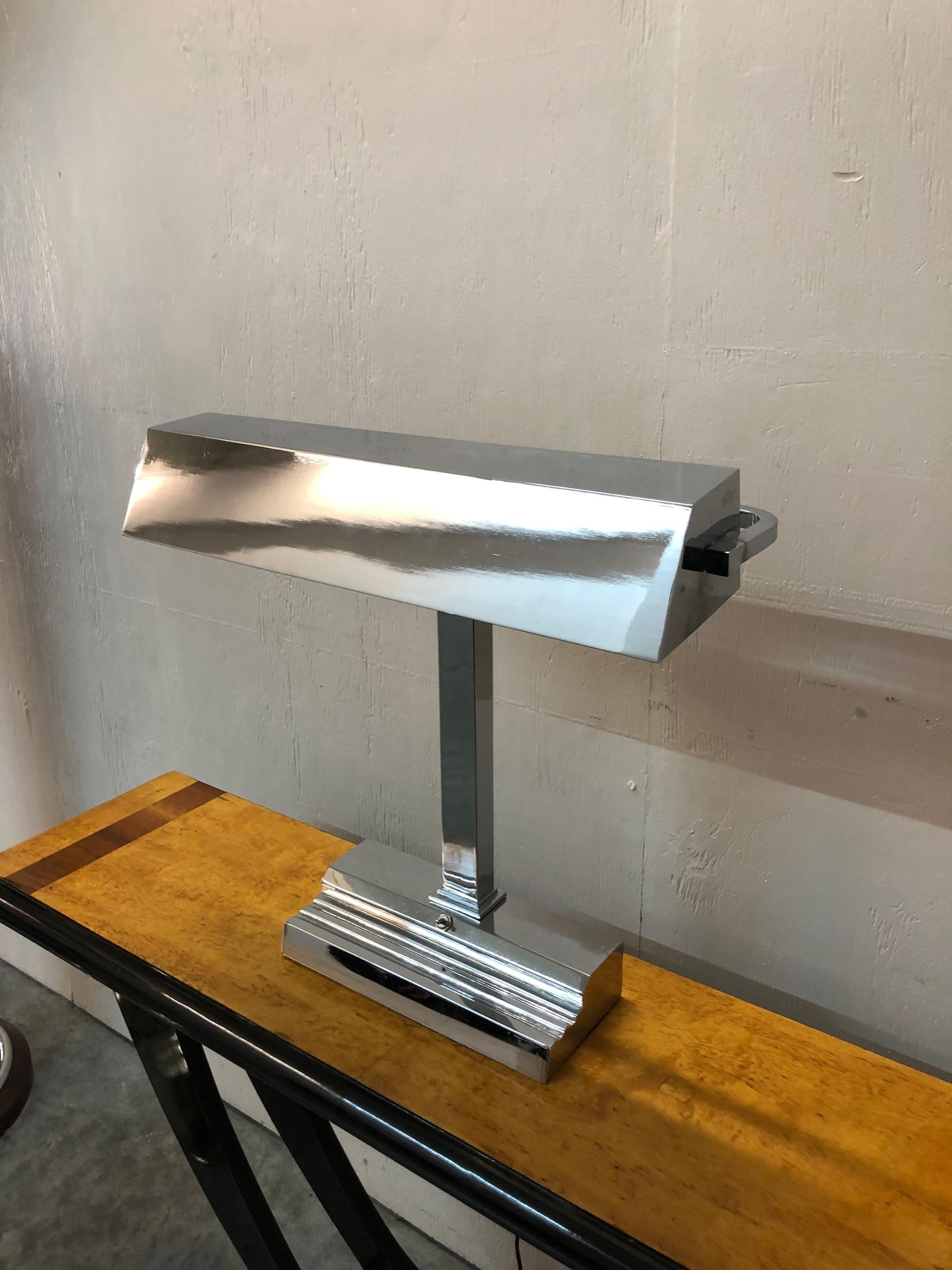 Desk lamp Art deco.

Materia: chromed bronze
Style: Art Deco
Country: German
To take care of your property and the lives of our customers, the new wiring has been done.
If you want to live in the golden years, this is the Desk lamp that your project