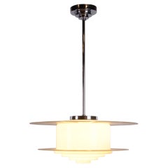 Big Art Deco Hanging Lamp Art Deco White Glass and Chrome Steel