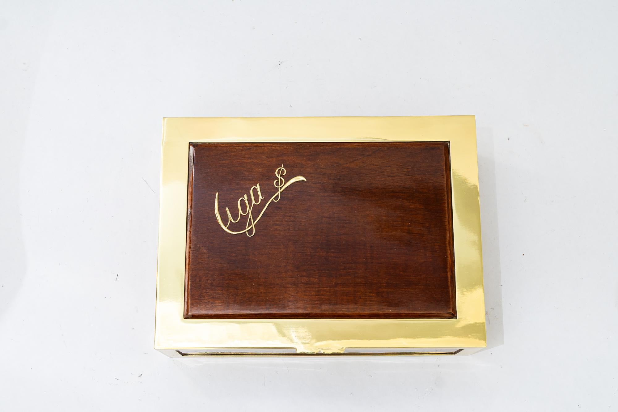 Lacquered Big Art Deco Jewelry Box brass and wood around 1920s For Sale