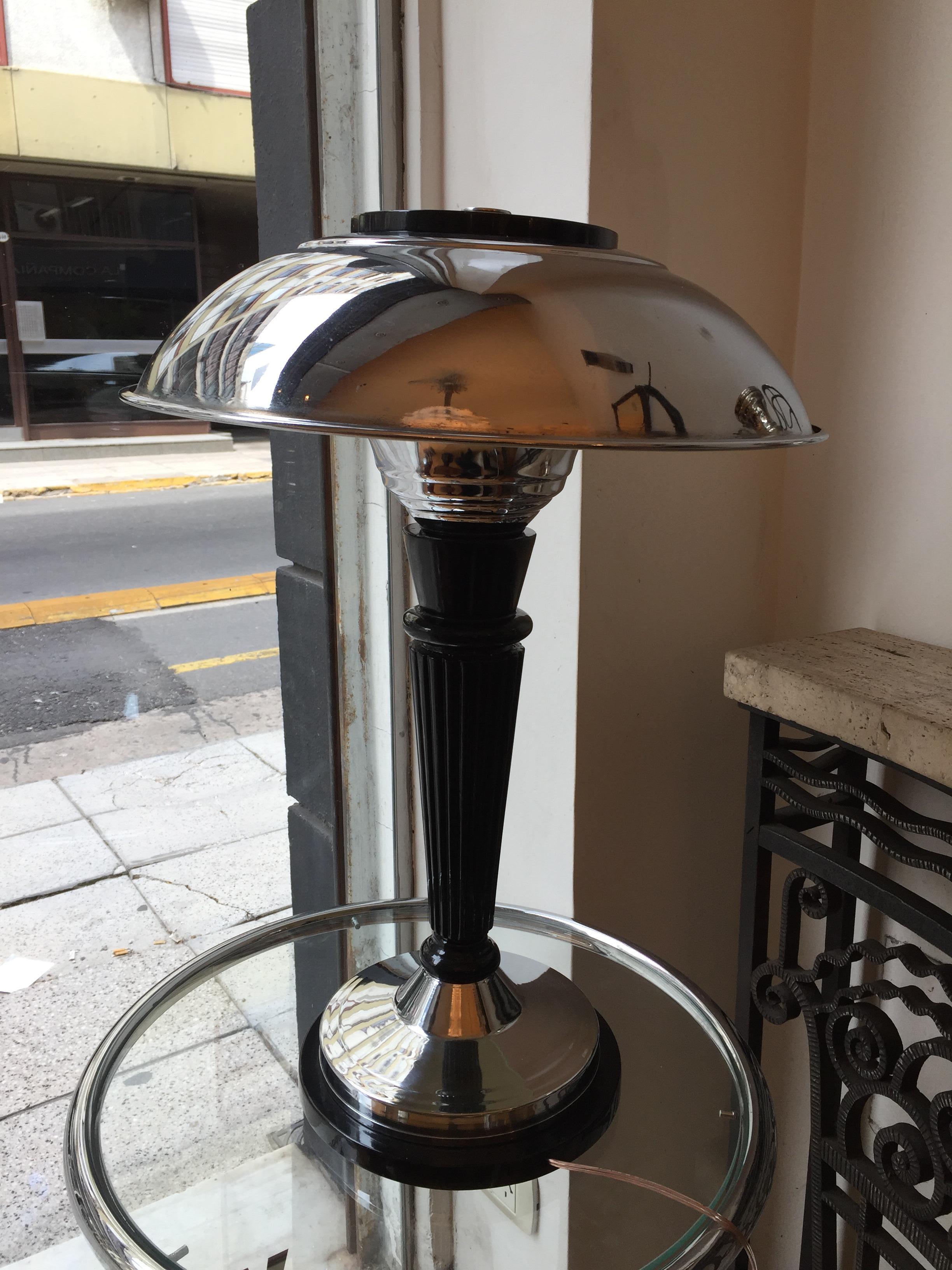 Early 20th Century Big Art Deco Lamp, 1920, in Chrome and Wood, France For Sale