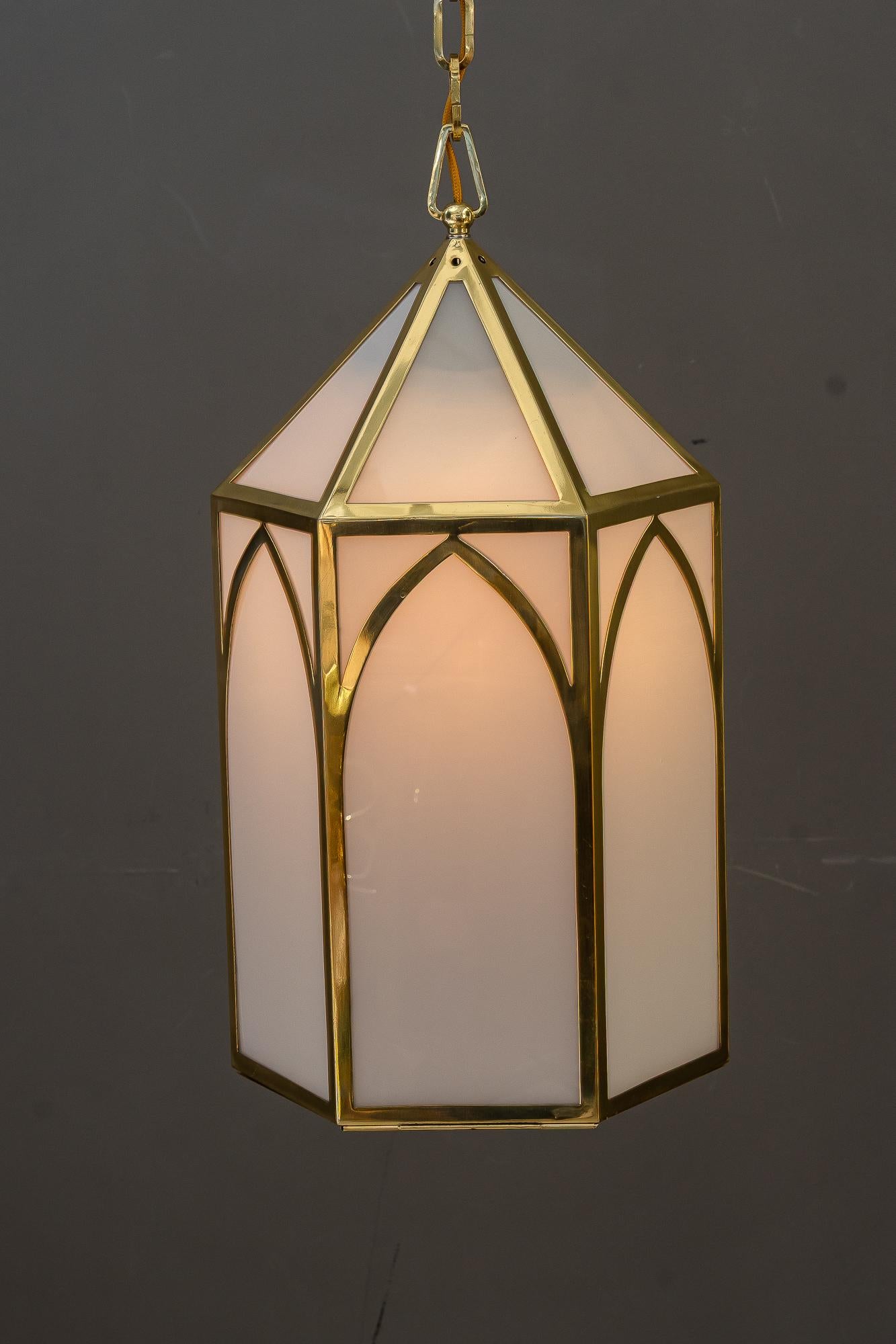 Brass Big Art Deco Lantern with original antique opal glass shades vienna around 1920 For Sale
