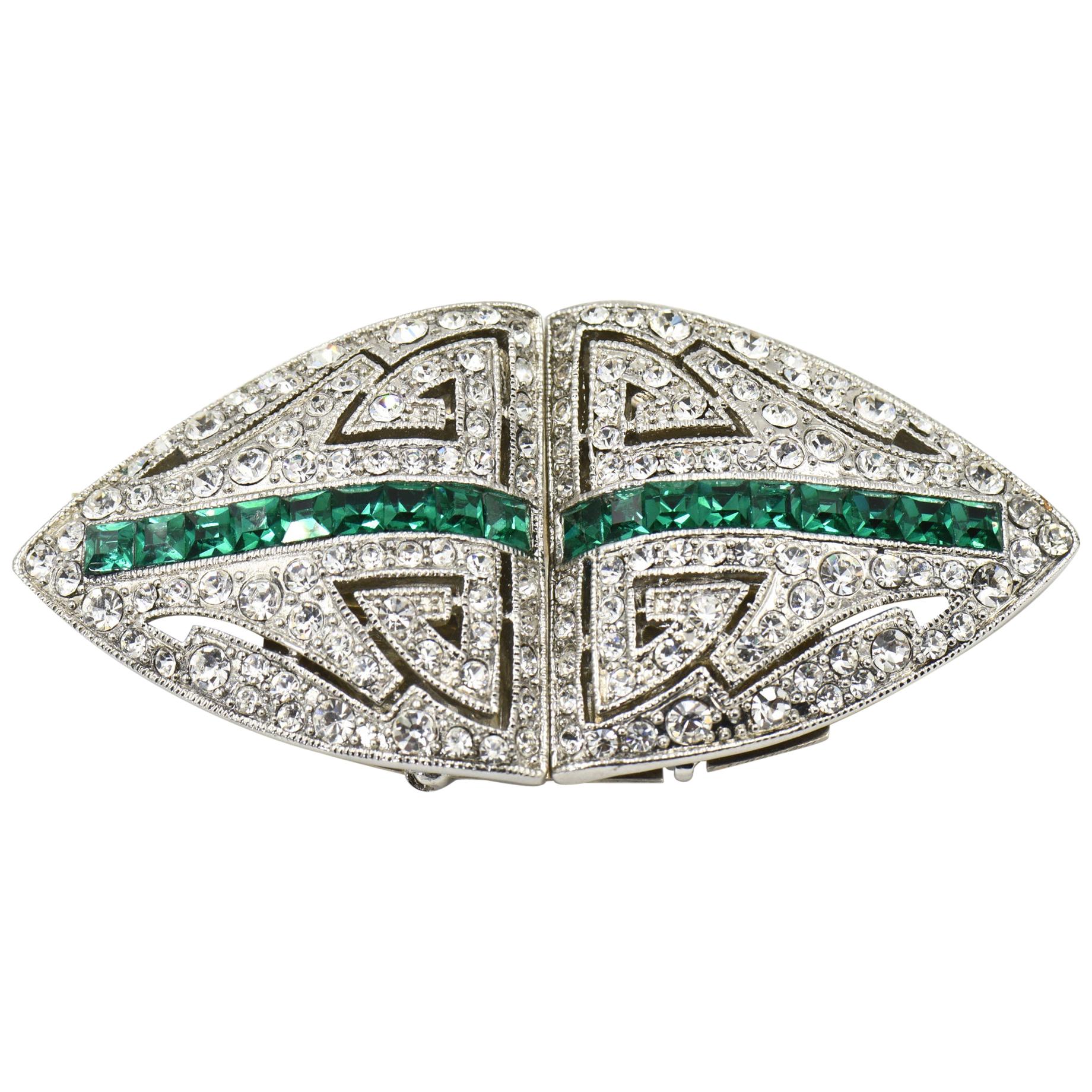 Big Art Deco Style Costume Emerald Green Rhinestone Dress Clips