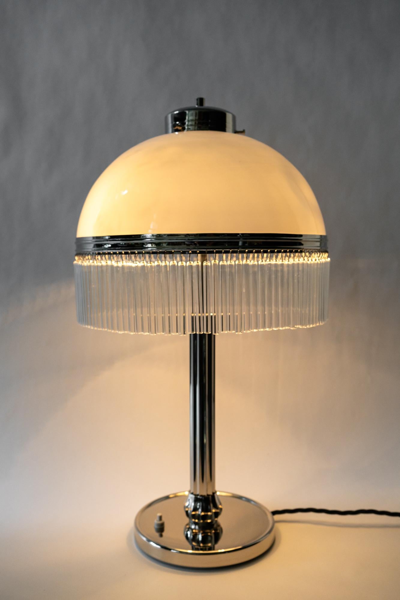 Big Art Deco Table Lamp Nickel-Plated with Original Satined Opal Glas, 1920s 1