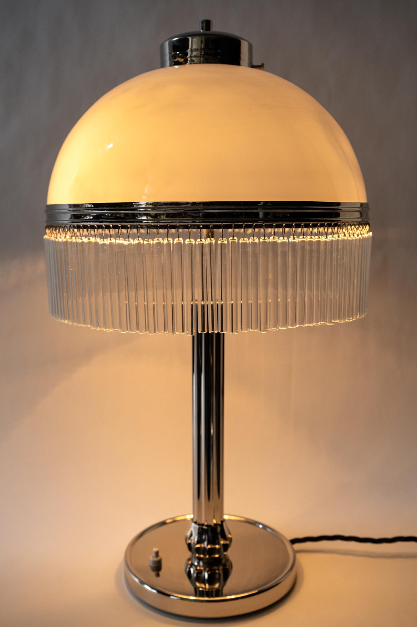 Big Art Deco Table Lamp Nickel-Plated with Original Satined Opal Glas, 1920s 3