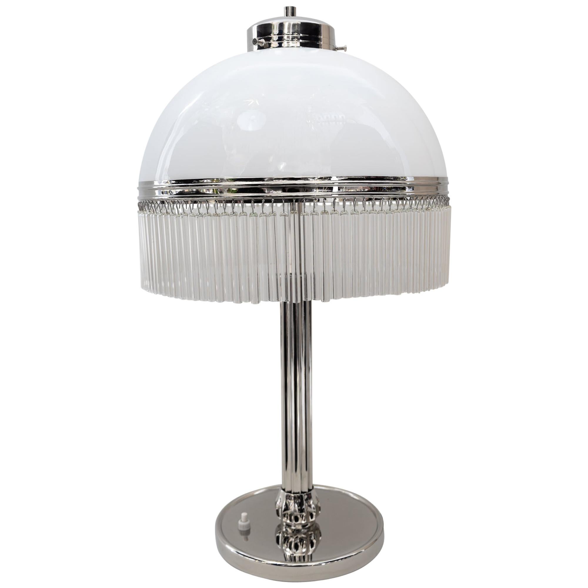 Big Art Deco Table Lamp Nickel-Plated with Original Satined Opal Glas, 1920s
