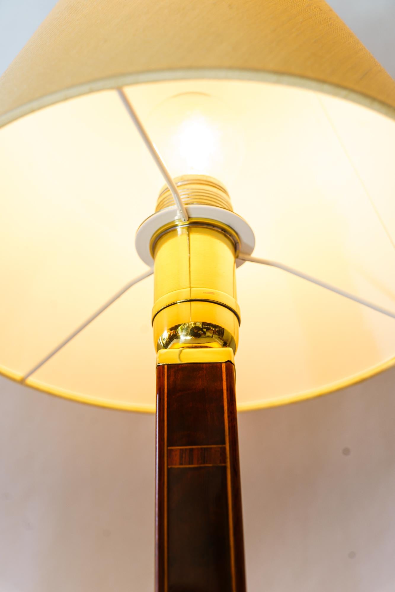 Brass Big Art deco Table lamp wood with inlay vienna around 1920s For Sale