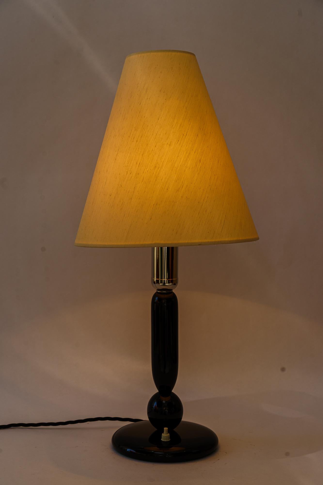 Plated Big art deco wood table lamp with fabric shade vienna around 1930s For Sale