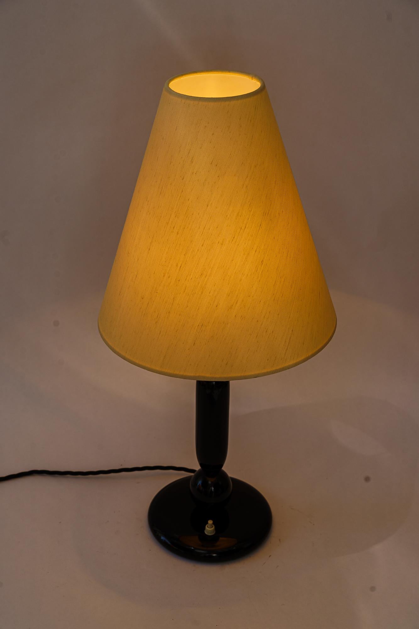 Fabric Big art deco wood table lamp with fabric shade vienna around 1930s For Sale