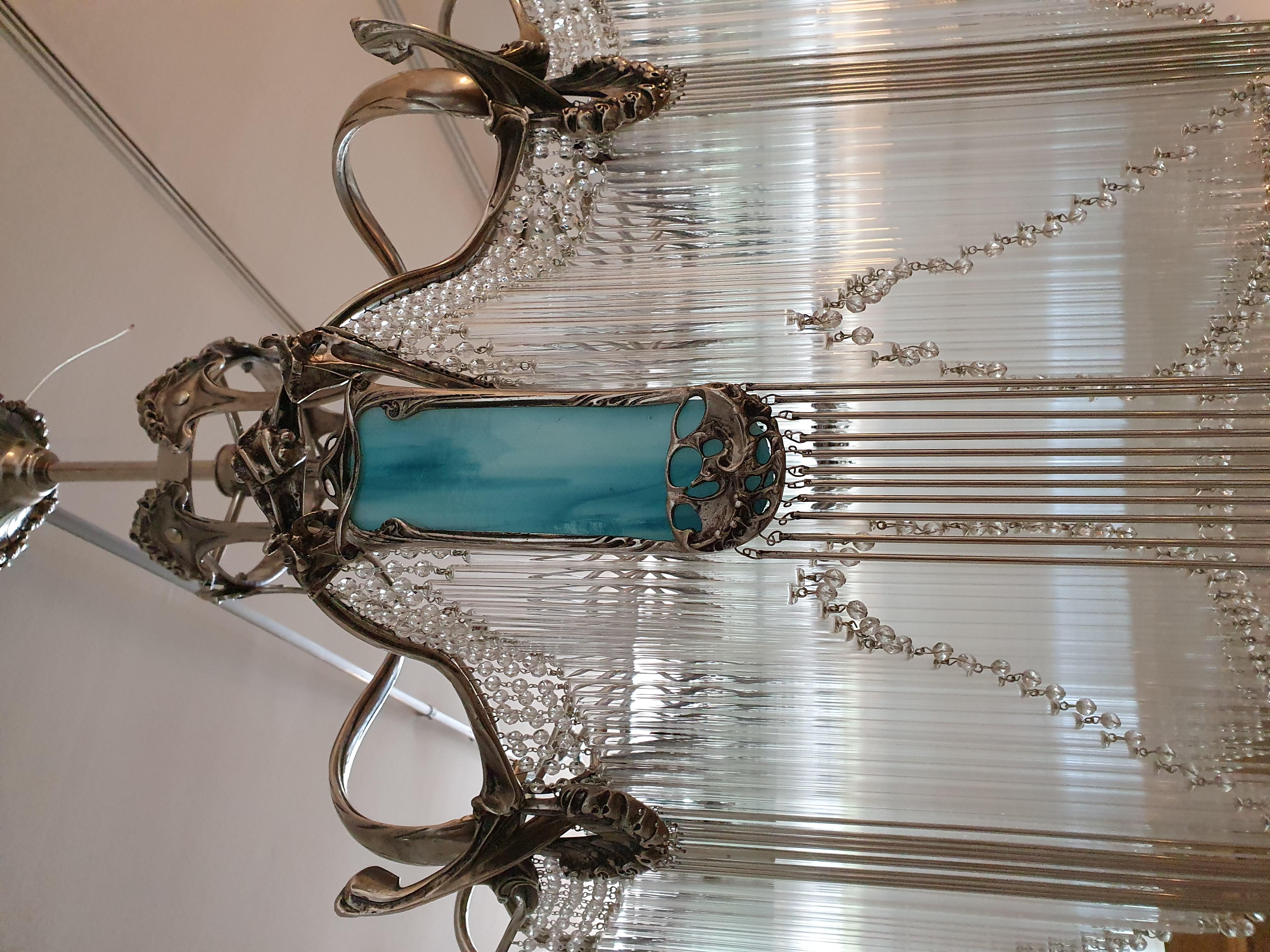 Art Nouveau Big size French bronze Guimard's chandelier with nickel finish and blue pâte de 