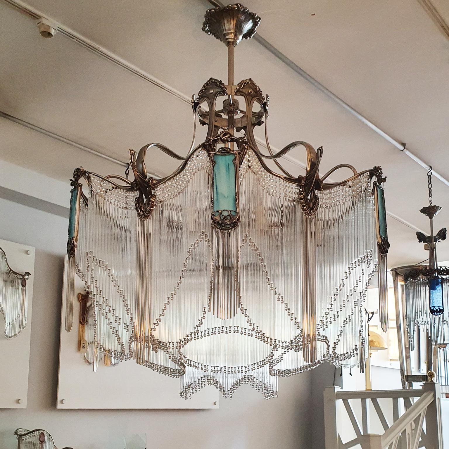 Contemporary Big size French bronze Guimard's chandelier with nickel finish and blue pâte de 