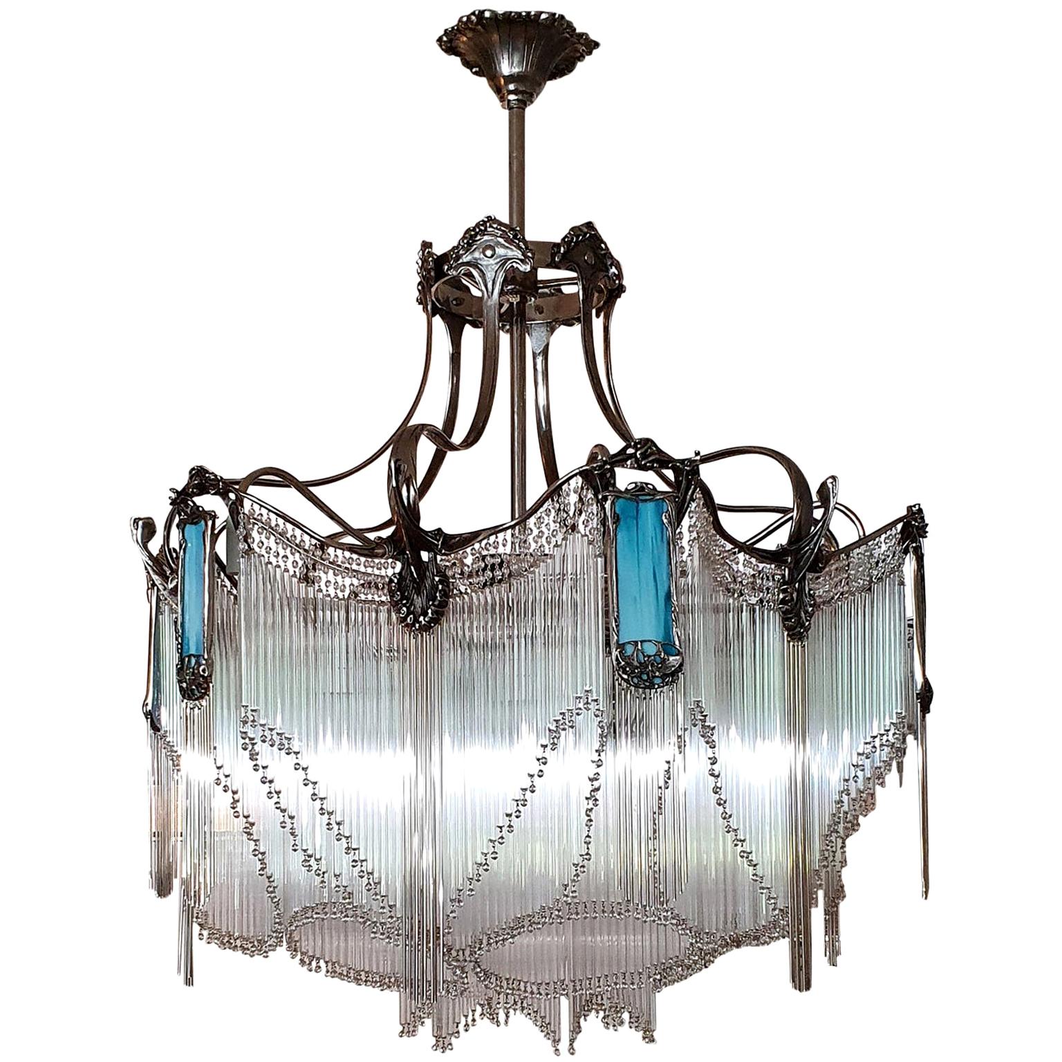 Big size French bronze Guimard's chandelier with nickel finish and blue pâte de 