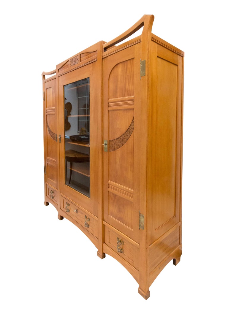 Polished Big Art Nouveau Solid Ash Wood Three-Door Wardrobe / Cabinet / Bookcase For Sale