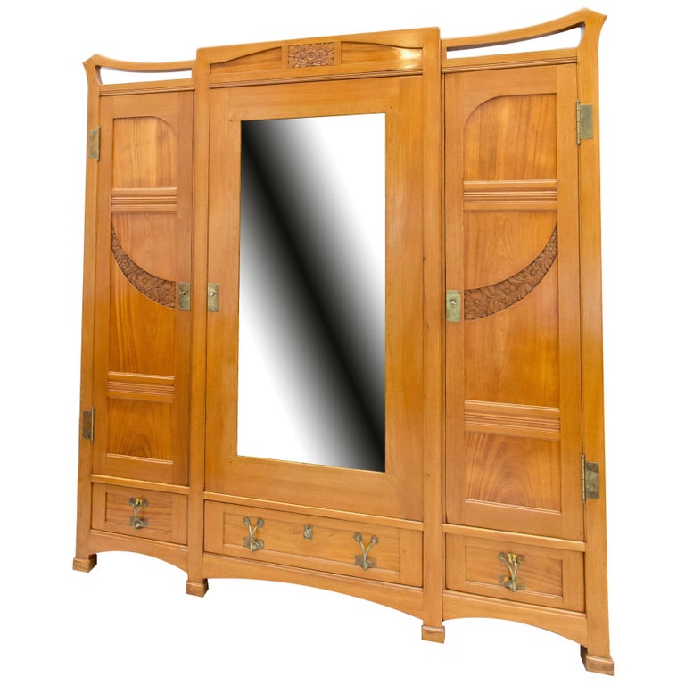 Big Art Nouveau Solid Ash Wood Three-Door Wardrobe / Cabinet / Bookcase For Sale