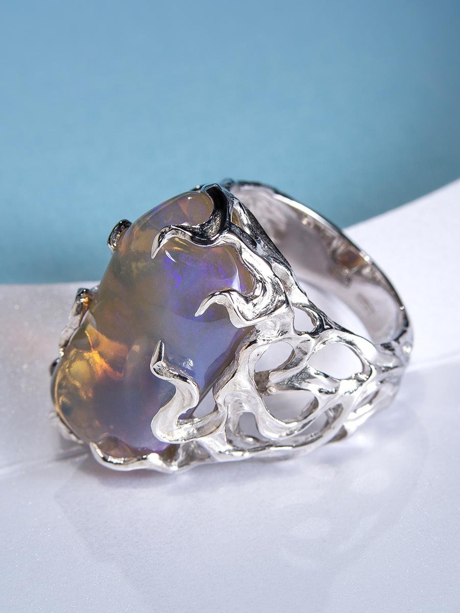 Big Australian Neon Opal Silver Ring Medusa Gorgon Iridescent For Sale 2