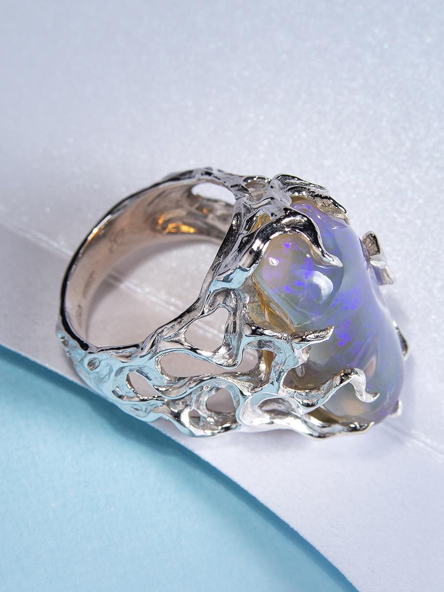 Big Australian Neon Opal Silver Ring Medusa Gorgon Iridescent For Sale 4