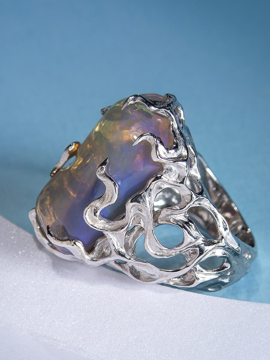 Big Australian Neon Opal Silver Ring Medusa Gorgon Iridescent For Sale 6