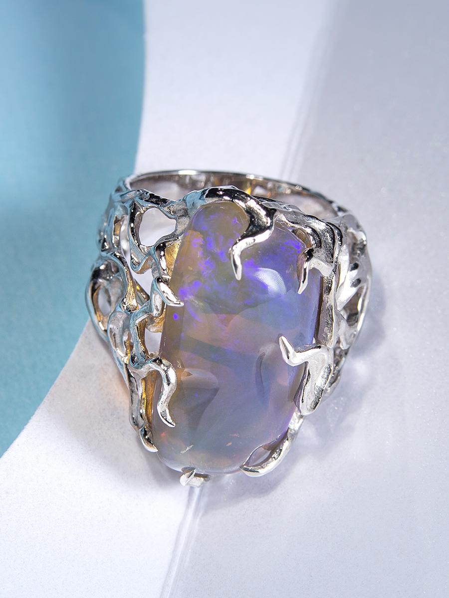Big Australian Neon Opal Silver Ring Medusa Gorgon Iridescent For Sale 3