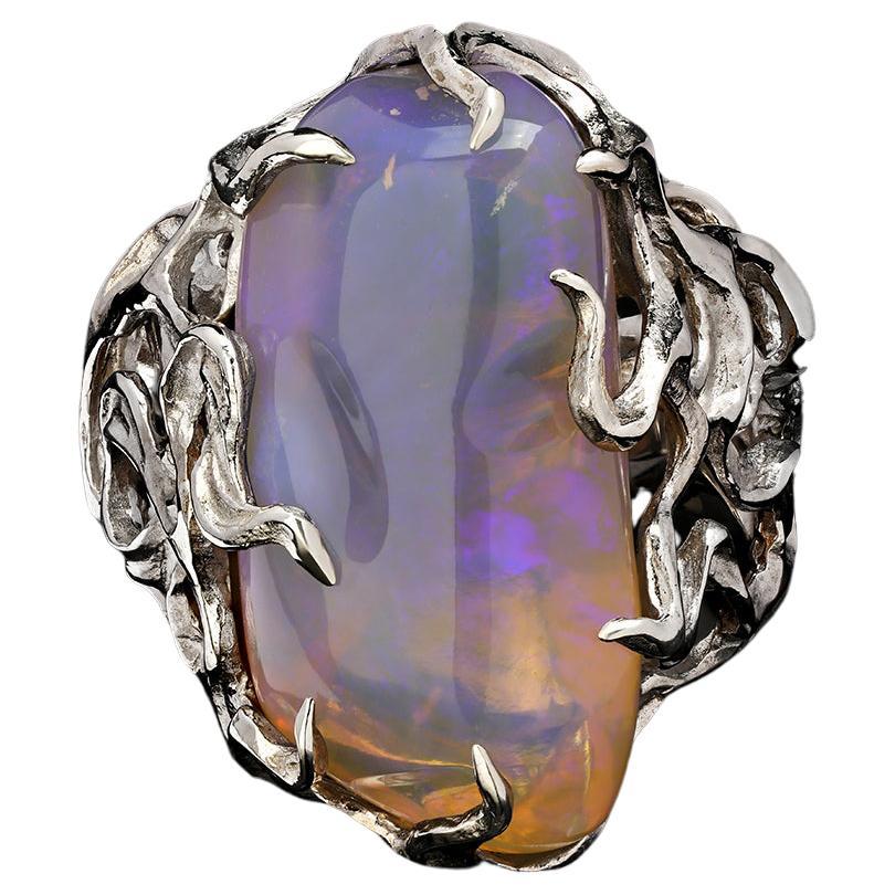 Big Australian Neon Opal Silver Ring Medusa Gorgon Iridescent For Sale 9