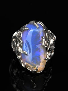 Big Australian Neon Opal Silver Ring Medusa Gorgon Iridescent