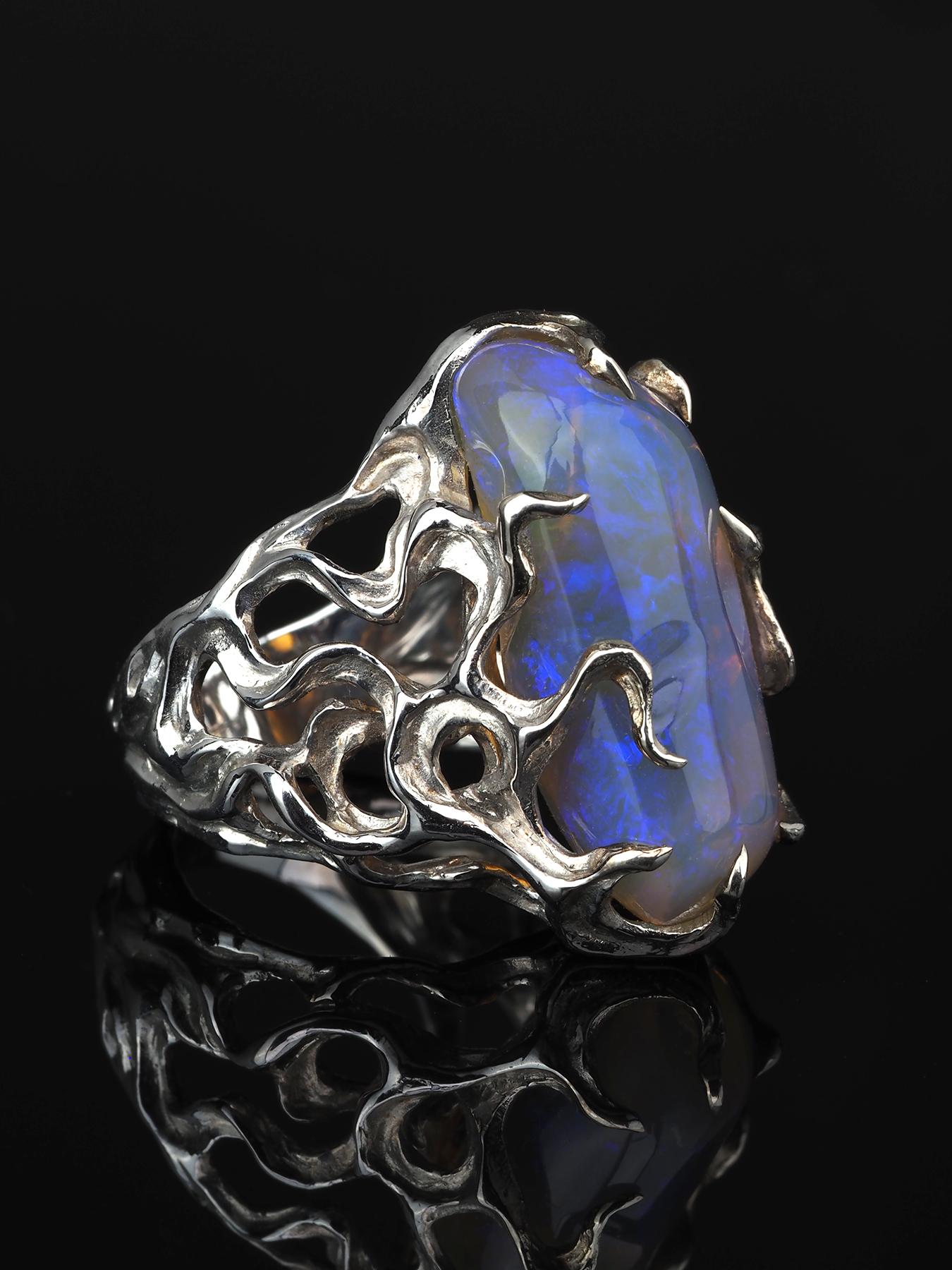 Art Nouveau Big Australian Neon Opal Silver Ring Medusa Gorgon Iridescent For Sale