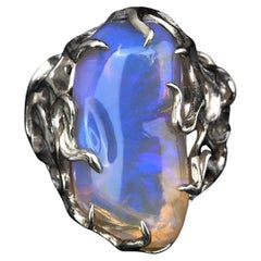 Big Australian Neon Opal Silver Ring Medusa Gorgon Iridescent