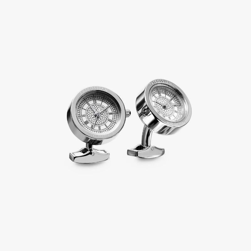 Big Ben Watch Cufflinks in Stainless Steel

Inspired by London's most famous clock face, these exclusive cufflinks house a fully functioning quartz watch with Japanese movement and comes with a one year warranty. Grey printed numerals on a white