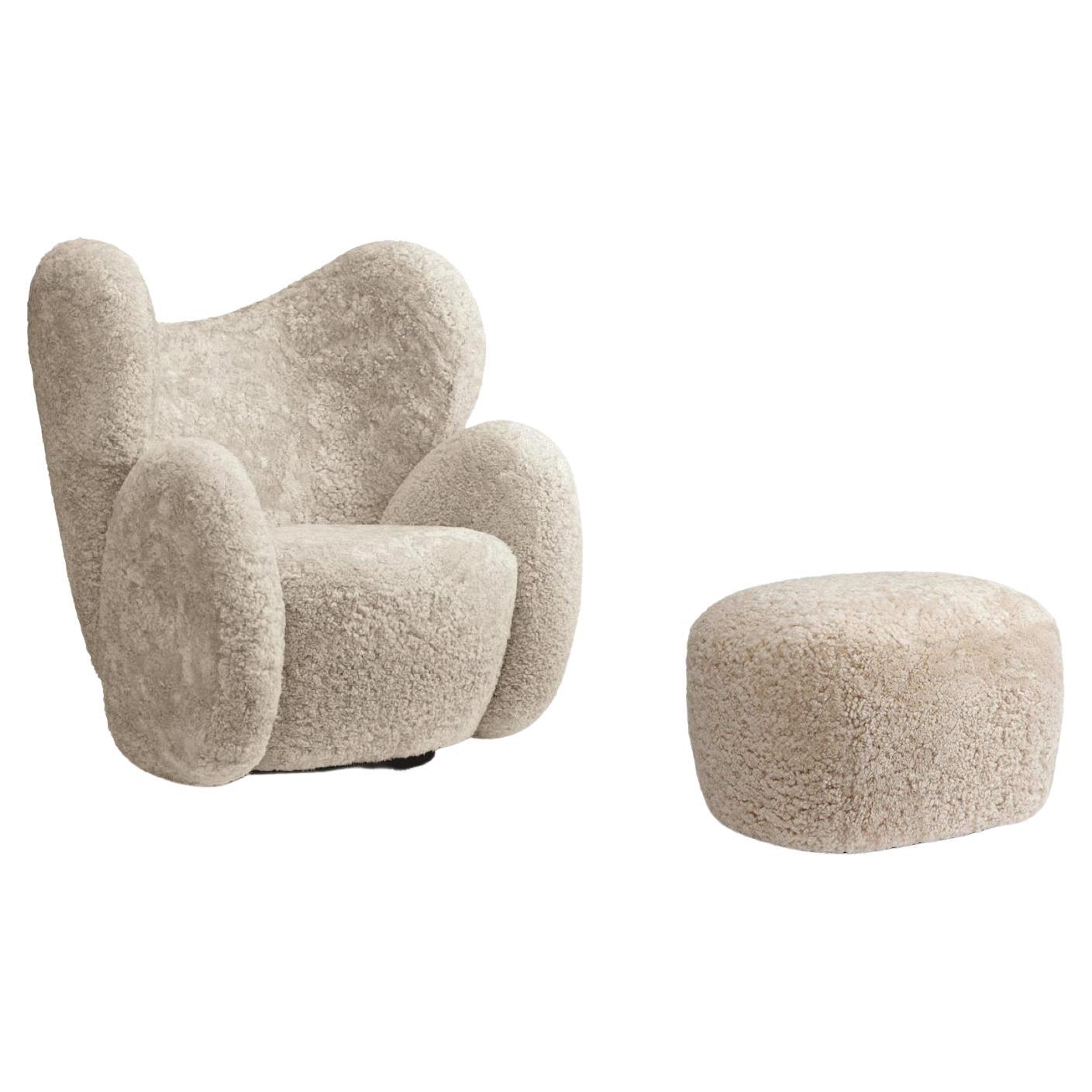 Big Big Chair Armchair + Pouf, Sheepskin Moonlight Set by Norr11 For Sale