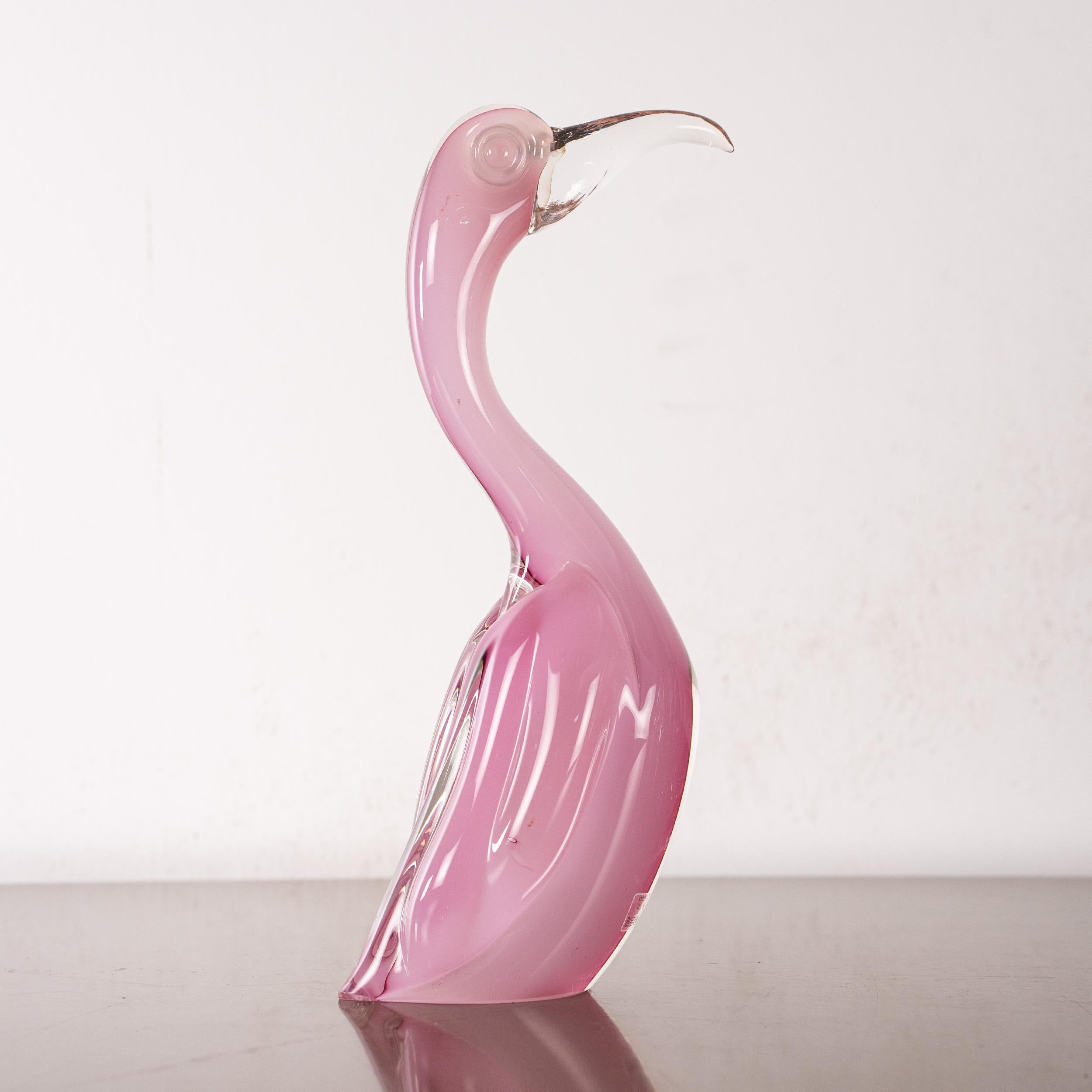 Italian Big Bird Formia Sculpture Pink Murano glass with clear details, Italy in stock For Sale