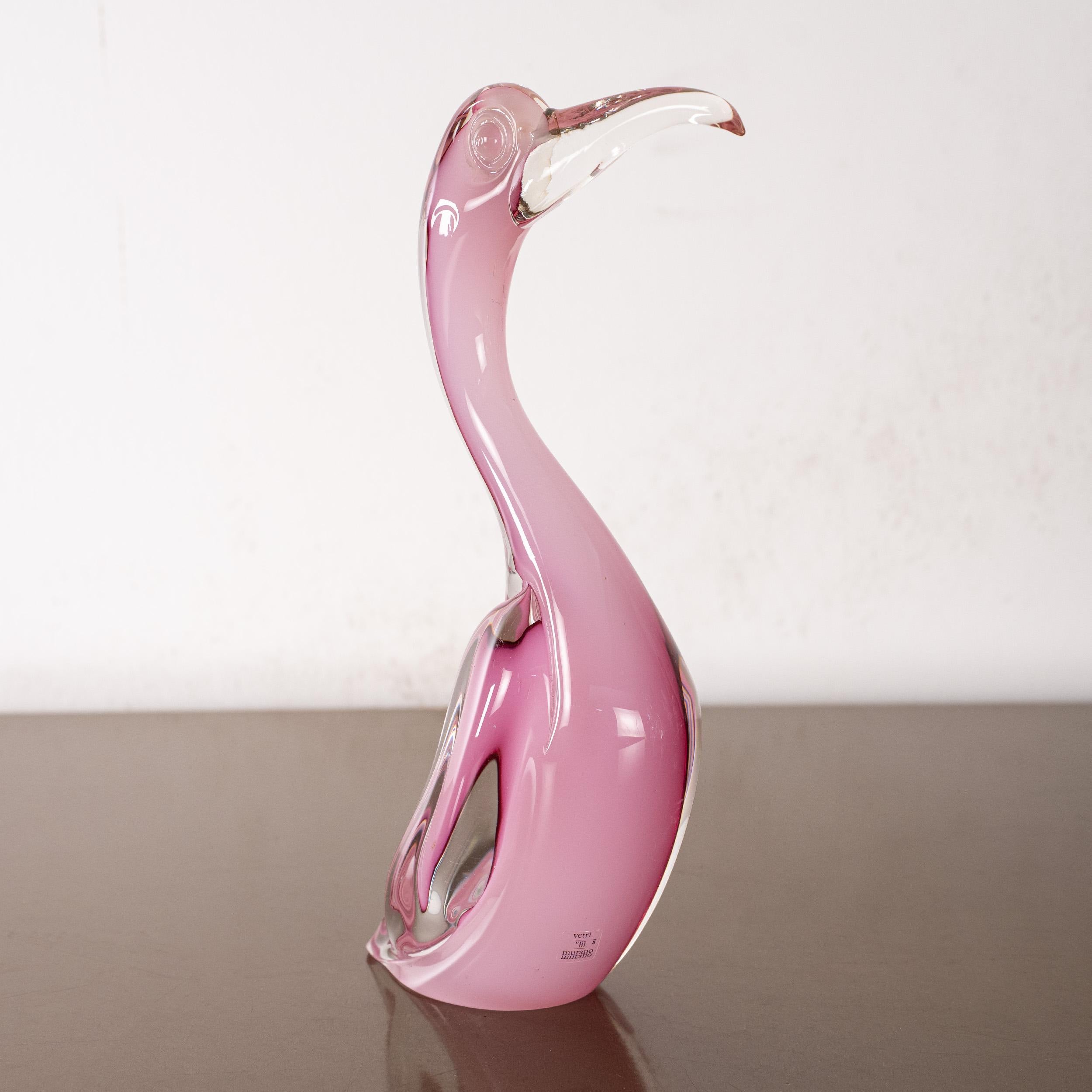 Murano Glass Big Bird Formia Sculpture Pink Murano glass with clear details, Italy in stock For Sale