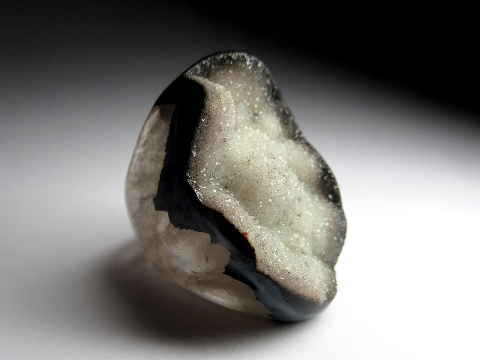 Artist Big Black Agate and White Rock Crystal Solid Ring For Sale