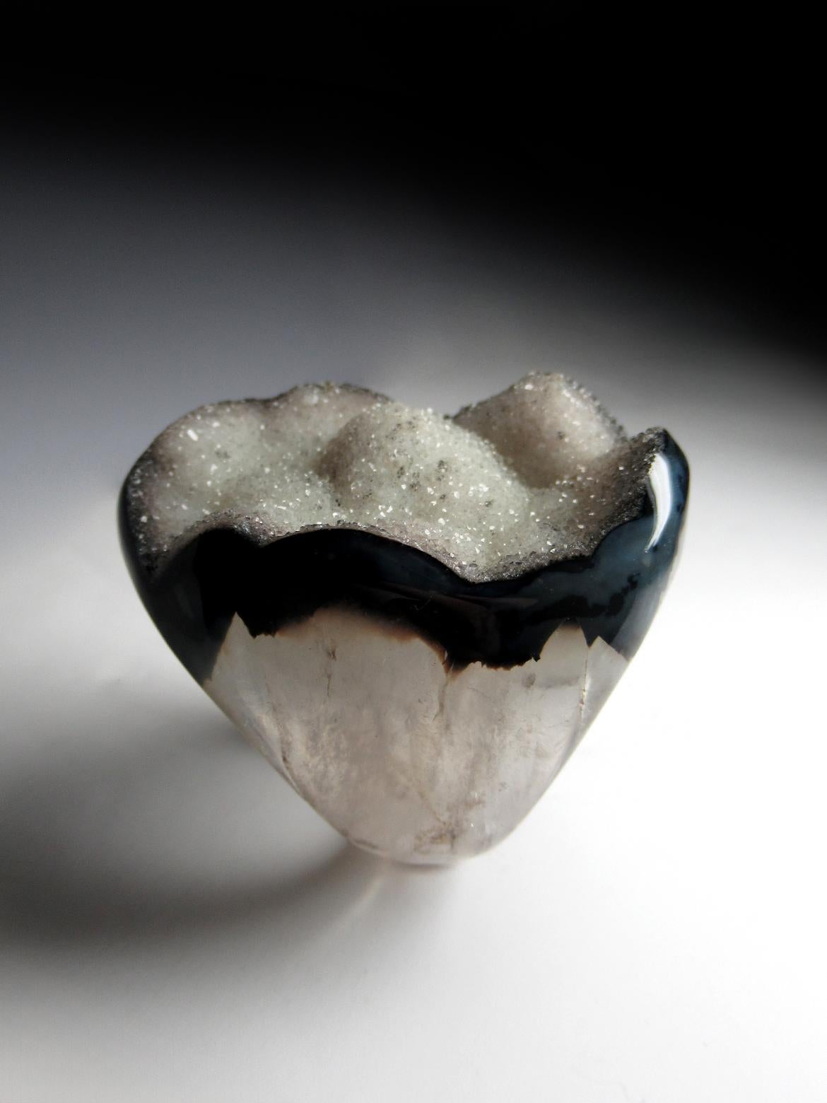 Uncut Big Black Agate and White Rock Crystal Solid Ring For Sale