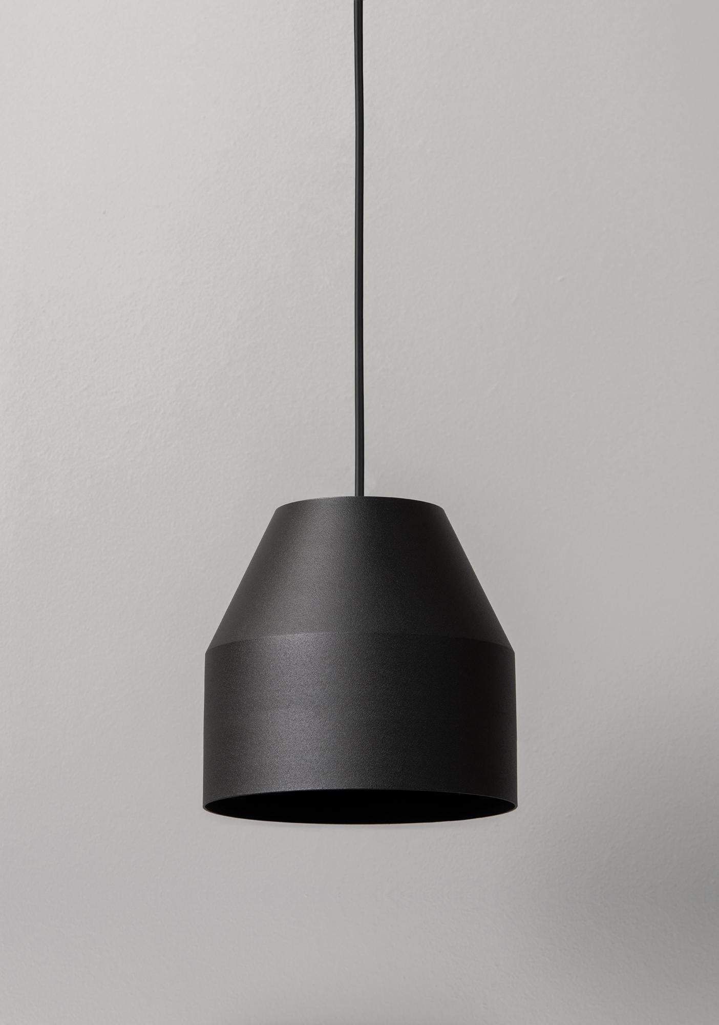 Big Black Cap Pendant Lamp by +kouple
Dimensions: Ø 16 x H 16,5 cm. 
Materials: Powder-coated steel.

Available in different color options. Available in two different sizes. The rod length is 200 cm. Please contact us.

All our lamps can be wired