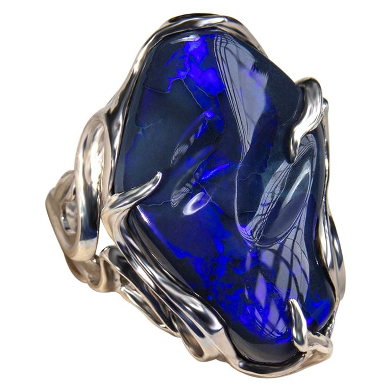 Rustik Fælles valg laser Big Black Opal Silver Ring Australian Blue Opal Ring For Sale at 1stDibs